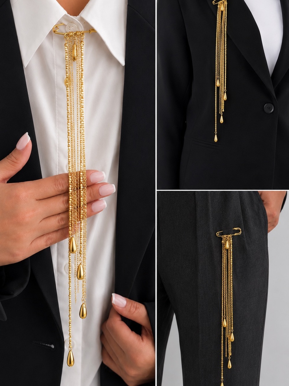 Gold Multi-Chain Safety Pin Brooch